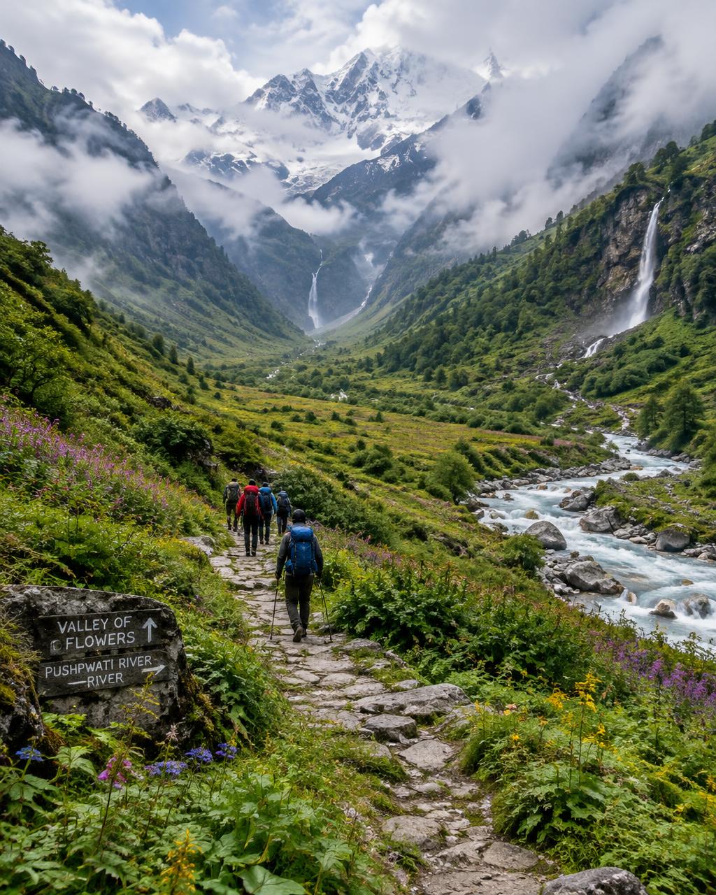 Trekkers on the stone trail to the Valley of Flowers